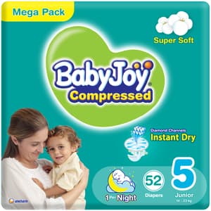 BABYJOY COMPRESSED DIAMOND PAD DIAPER SIZE 5 JUNIOR 14-23KG MEGA PACK 52 DIAPERS