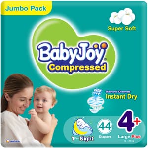 BabyJoy Compressed Diamond Pad Diaper, Size 4+, Large Plus, 12-21 Kg, Jumbo Pack, 44 Diapers