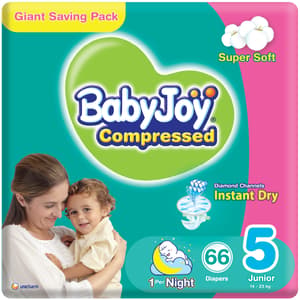 BabyJoy Compressed Diamond Pad Diaper, Size 5, Junior, 14-23 Kg, Giant Pack, 66 Diapers