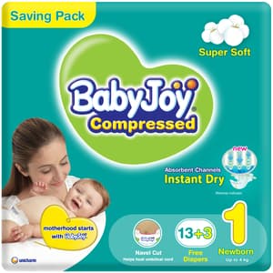 BABYJOY 2X COMPRESSED DIAMOND PAD DIAPER SIZE 1 NEWBORN 0-4KG SAVING PACK 16 DIAPERS