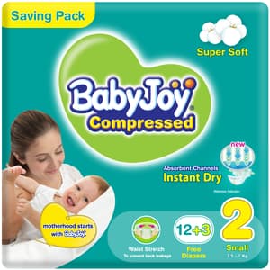 BABYJOY 2X COMPRESSED DIAMOND PAD DIAPER SIZE 2 SMALL 3.5-7KG SAVING PACK 15 DIAPERS