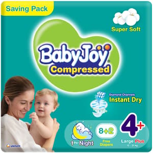 BABYJOY COMPRESSED DIAMOND PAD DIAPER SIZE 4+ LARGE PLUS 12-21KG SAVING PACK 10 DIAPERS