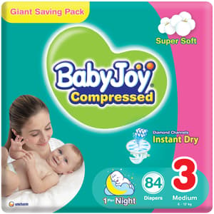 BabyJoy Compressed Diamond Pad Diaper, Size 3, Medium, 6-12 Kg, Giant Pack, 84 Diapers