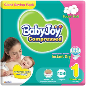 BABYJOY 2X COMPRESSED DIAMOND PAD DIAPER SIZE 1 NEWBORN 0-4KG GIANT PACK 108 DIAPERS