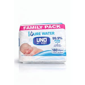 UNO Plus Pure Water Wipes. Family Pack, 60 wipes, 4 x (3 x 60).