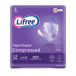 Lifree Compressed Adult Diaper Tape, Large Size , 8 Cup Absorbency, Regular Pack, 12 Pieces