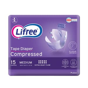Lifree Compressed Adult Diaper Tape, Medium Size , 8 Cup Absorbency, Regular Pack, 15 Pieces